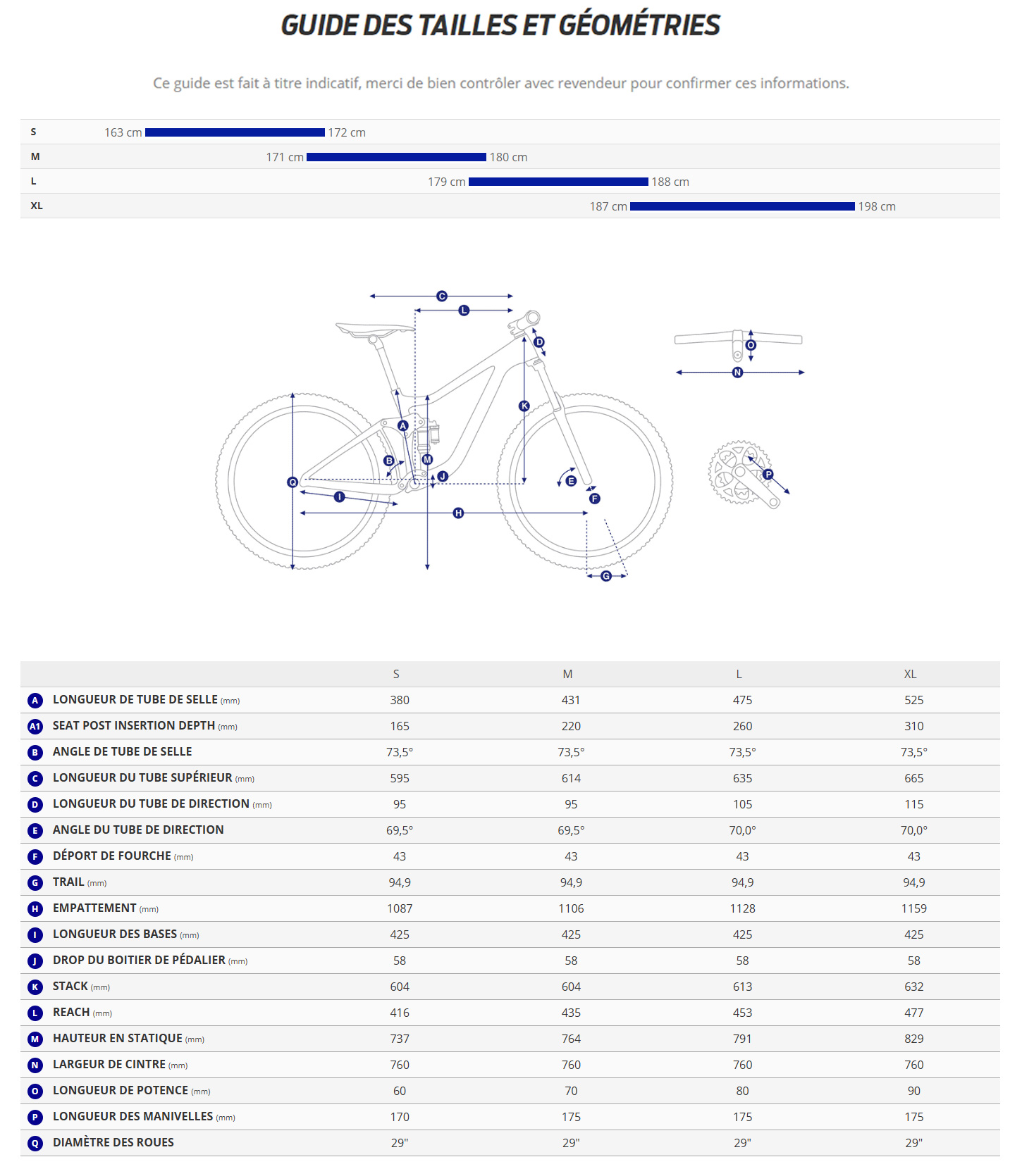 Guide de taille du velo XTC Advanced 29 3 année 2024